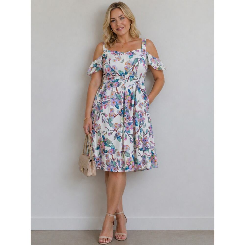 Beige by Eci Cold Shoulder Metallic Floral Summer Party Wedding Dress Size 10
